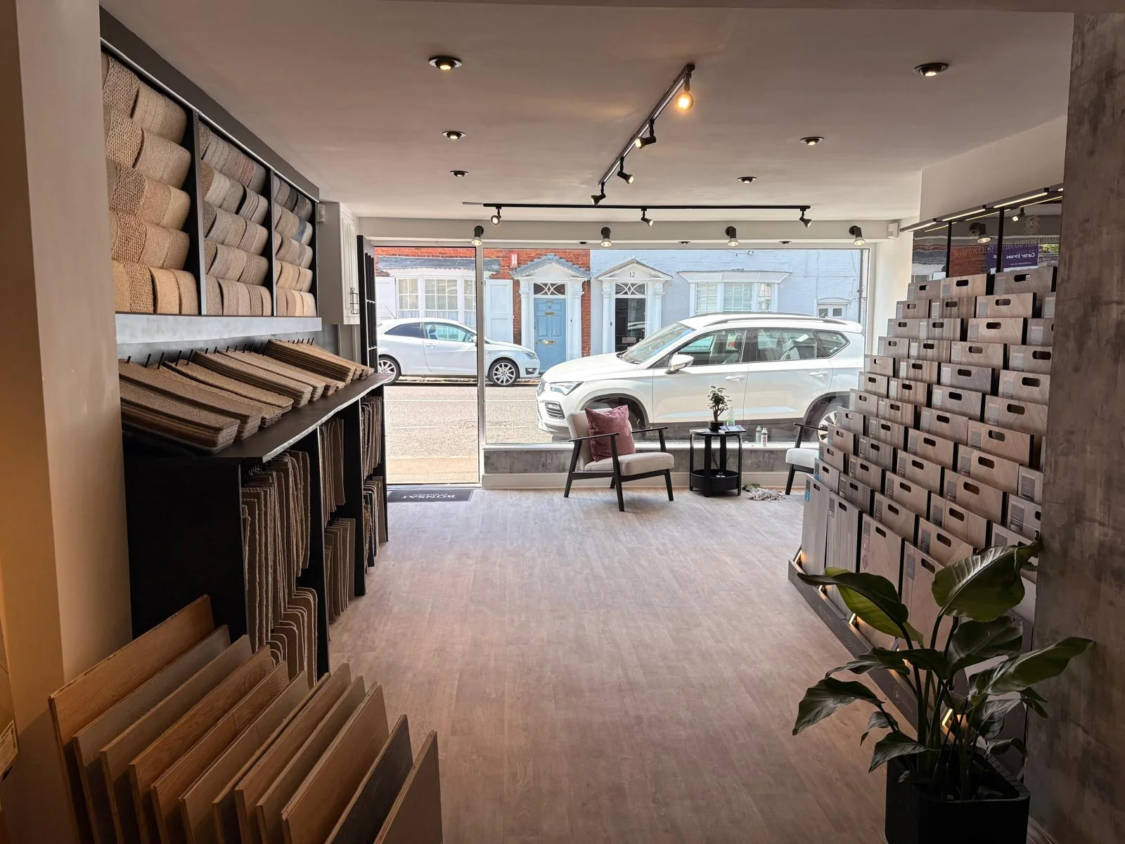 View through the Bonsai Flooring showroom towards the seating area and front window